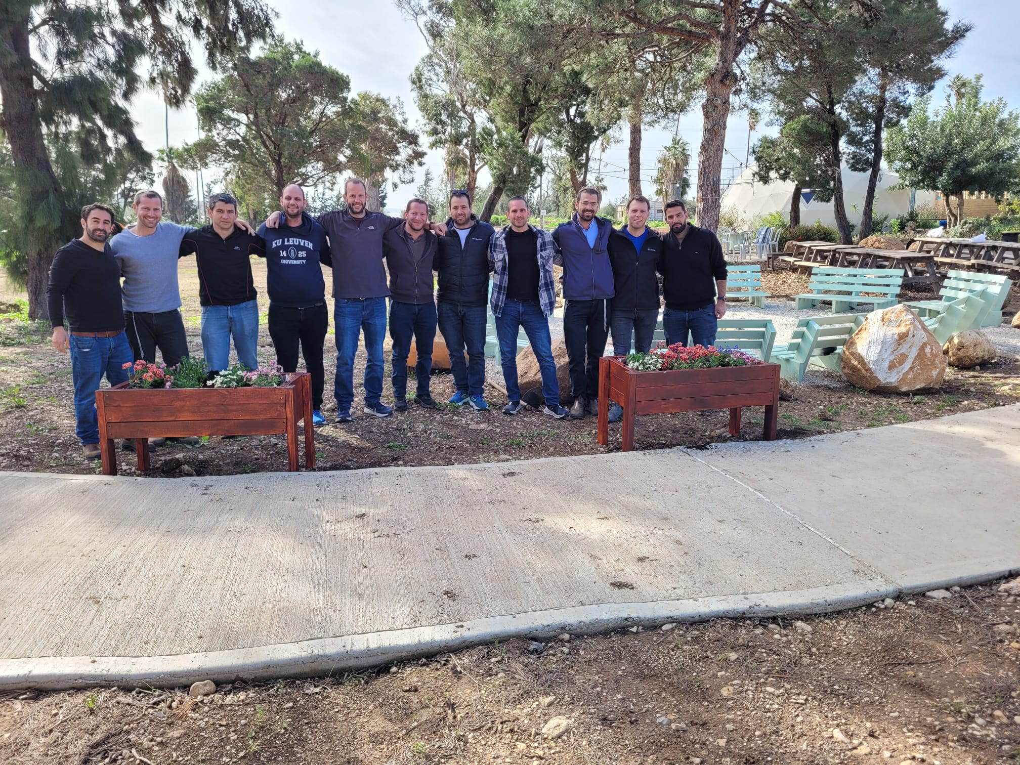 Group photo with completed wooden garden planters